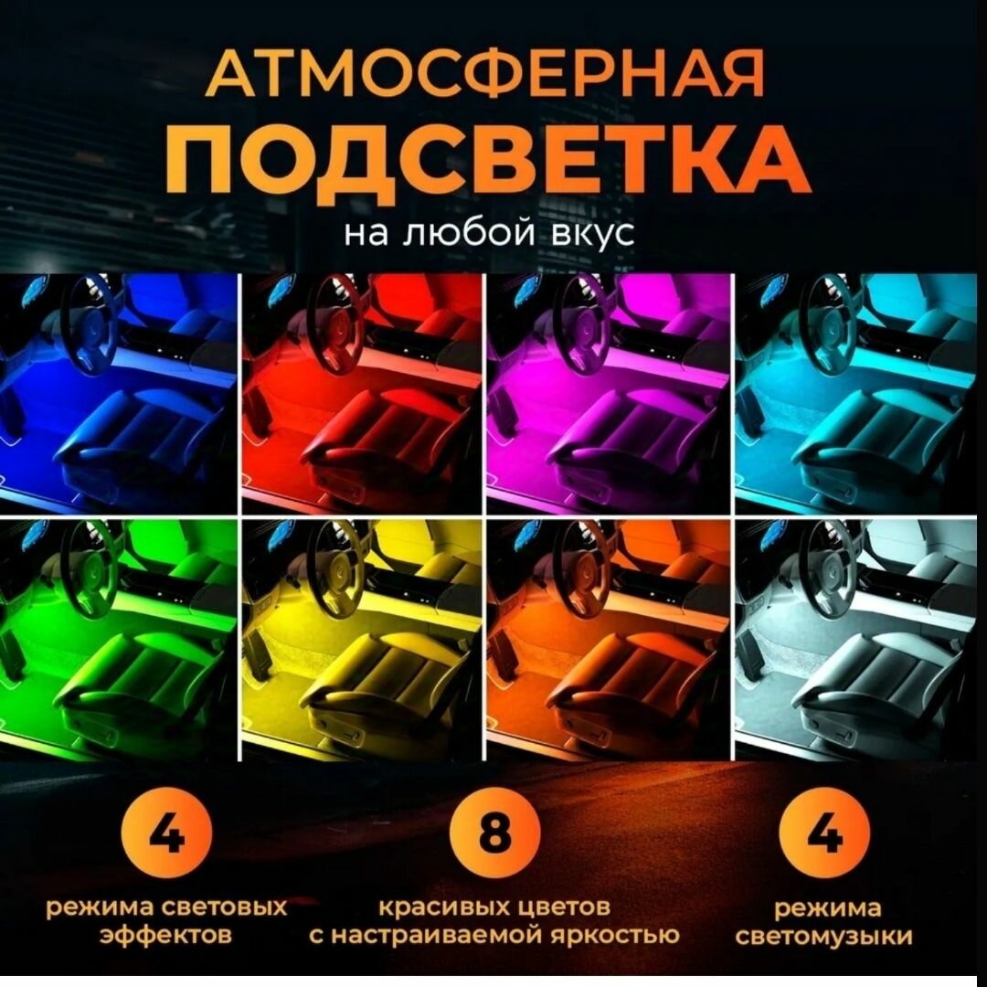 Подсветка в салон автомобиля под ноги / LED лента в машину.