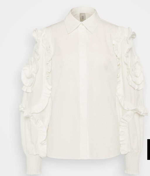 High waist flared trouser and ruffled shirt