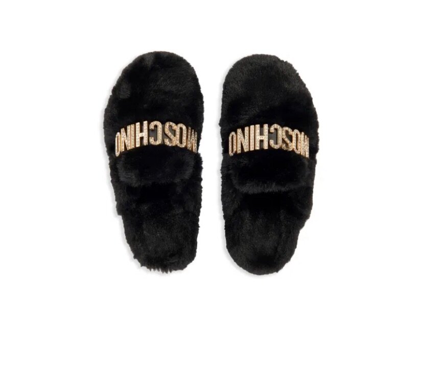logo-lettering faux-fur slippers