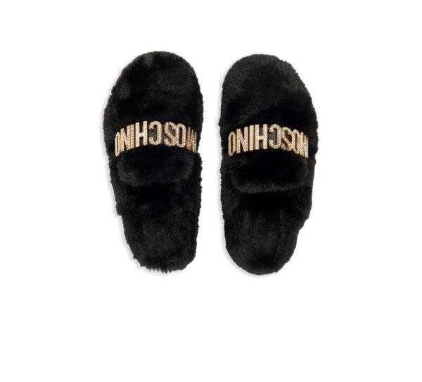 logo-lettering faux-fur slippers