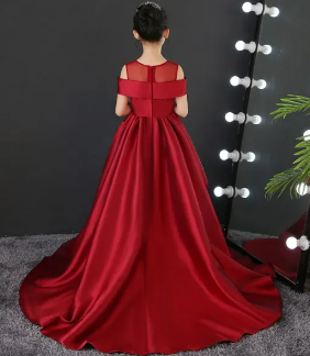 Long Dresses Flower Girls Red Color Birthday Party Competition Evening Dresses For Kids ( Fabric Net And Silk ) ( Size 03 Month To 16 Yrs)