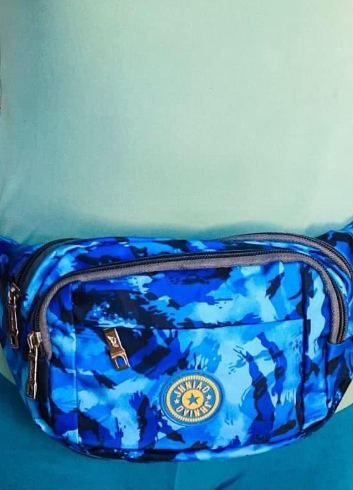 Blue Camouflage Waist Bag with multiple zippered pockets