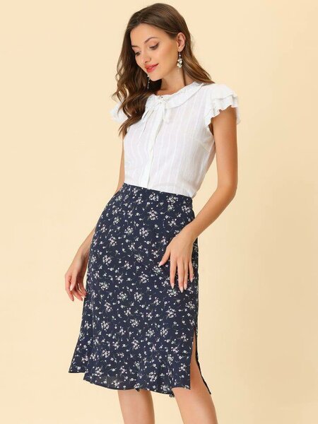 Floral Ruffle Elastic High Waist Button Flowy Split