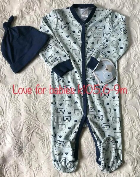 Set sleepsuit with print + blue cap, 6-9m