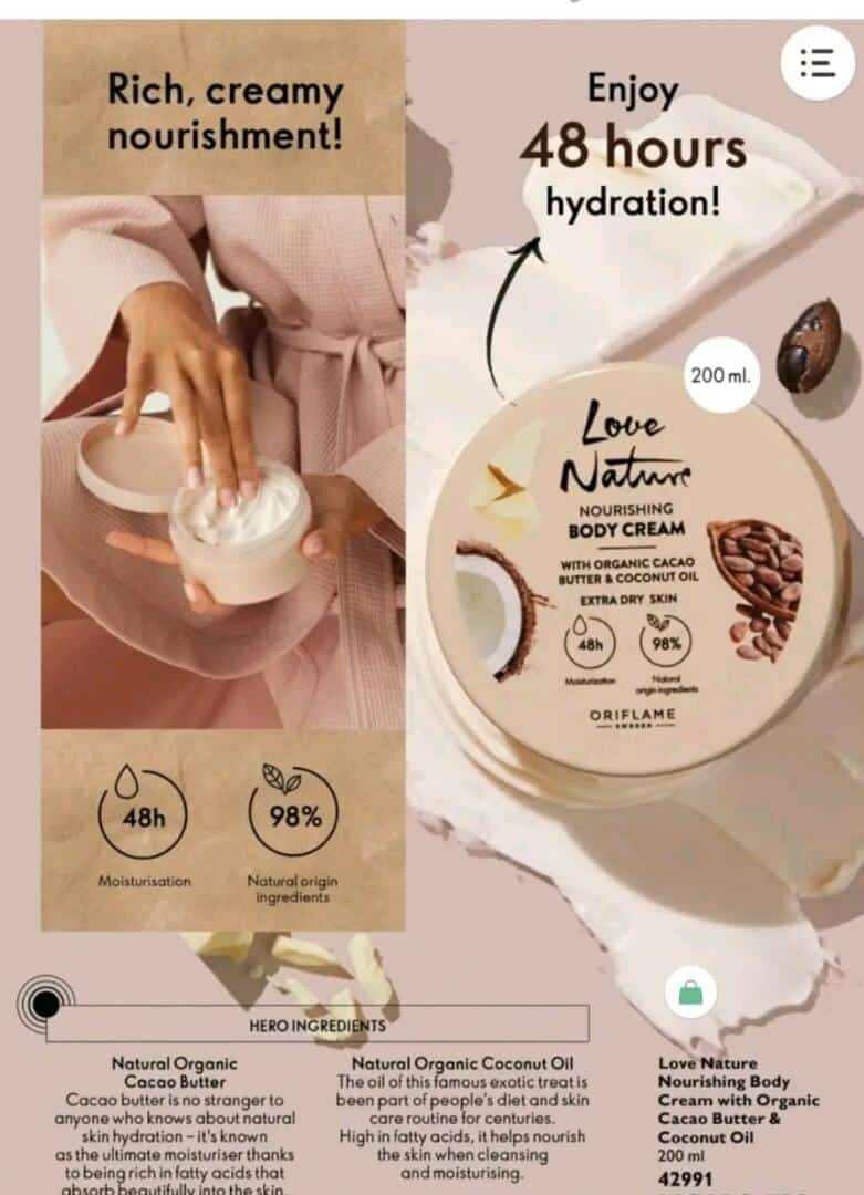 Oriflame Love Nature Cacoa Butter Body Cream and Coconut Oil