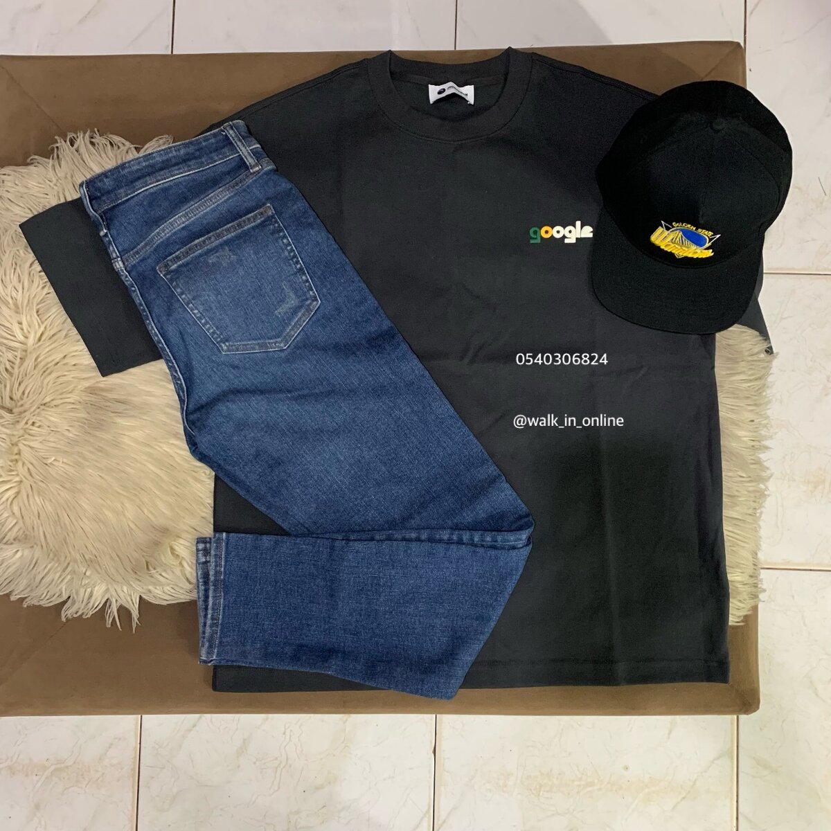 Jeans trouser, cap and T-shirt