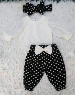 Black And Offwhite Dot Girl Linen Dress ( Size Newboren To 5yrs)