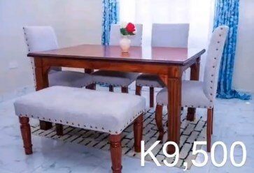 Set of brown table, 4 chairs + pouf, lavender color