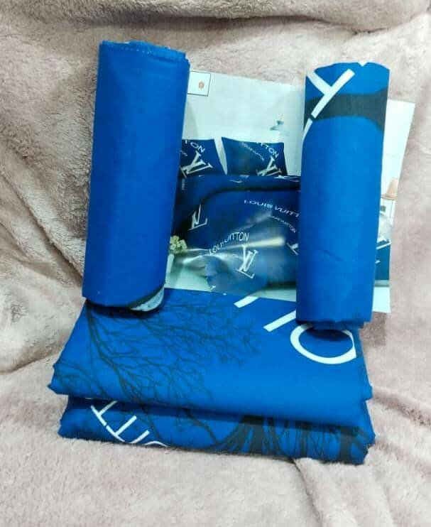 Set duvet cover, sheet + 2 pillowcases, blue Louis Vuitton print