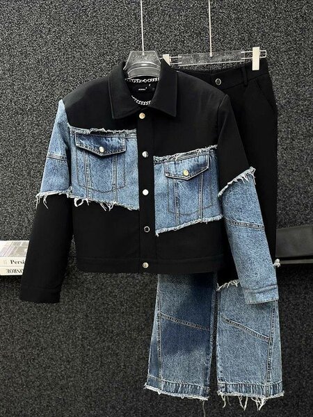 Veste et jean en denim patchwork