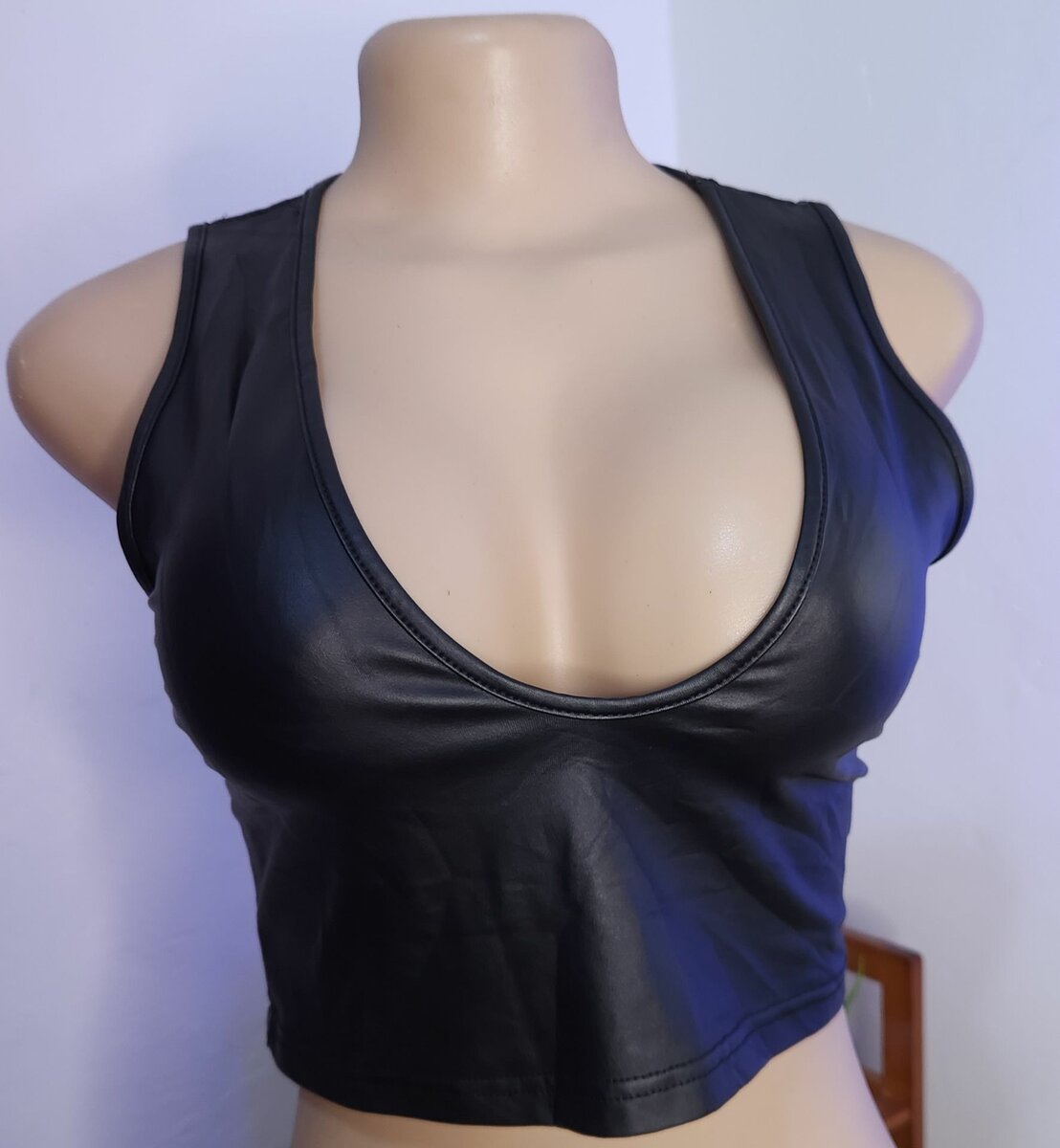 Ladies  Leather V-neck Crop Top(Top only)