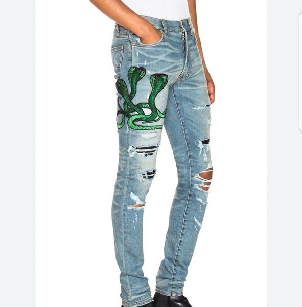Jean déchiré imprimé serpent vert-bleu