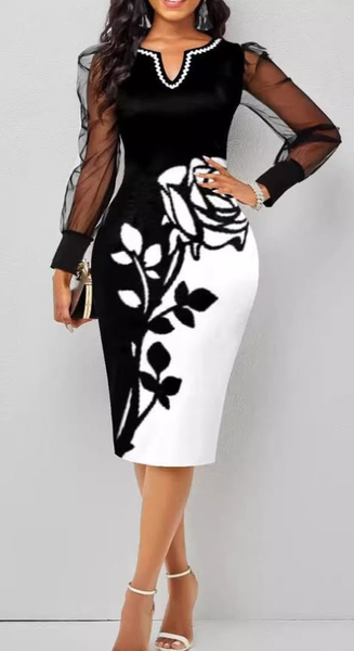 Women's dress with long transparent sleeves, black and white with floral print.