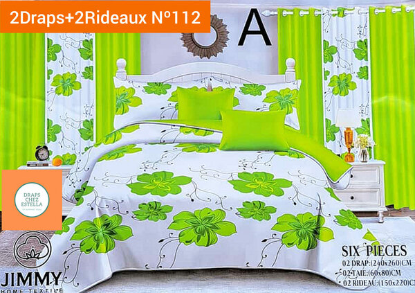 ▪️2 Draps 2 places + 2 taies + 2 Rideaux blanc vert