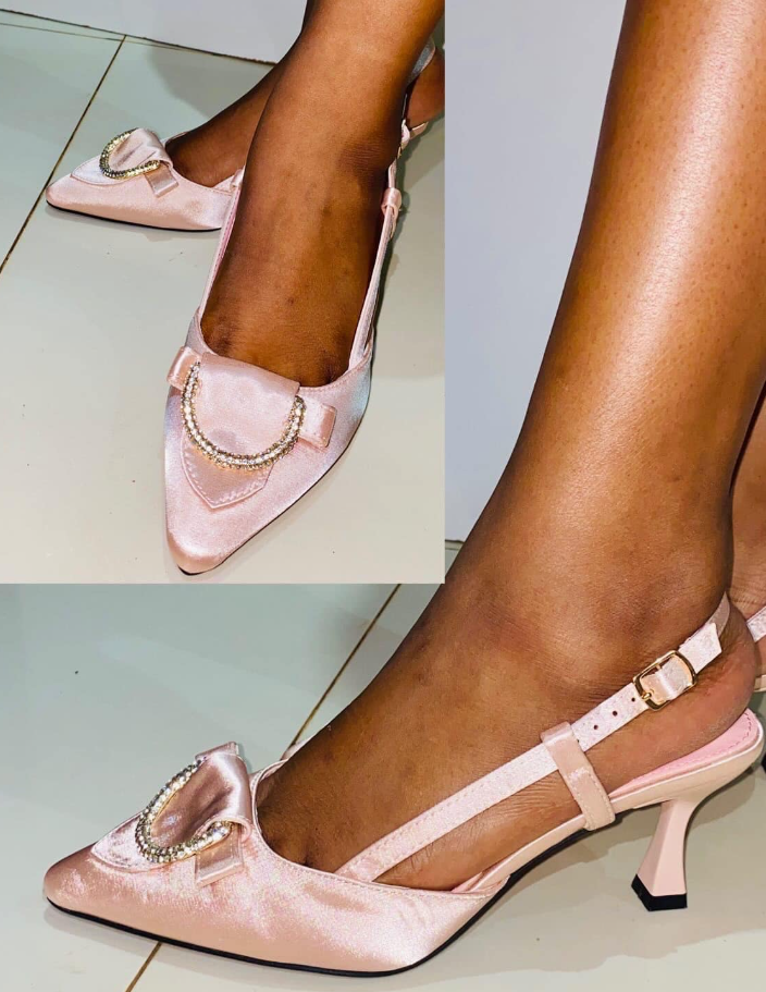 Women's Pink Pumps with Pointed Toe, Strap and Rhinestone Decoration