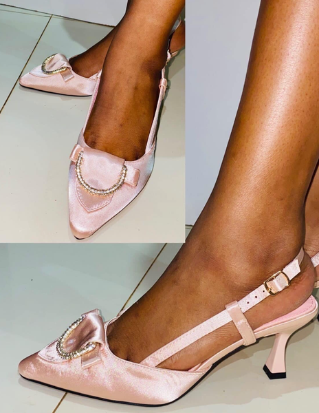 Women's Pink Pumps with Pointed Toe, Strap and Rhinestone Decoration