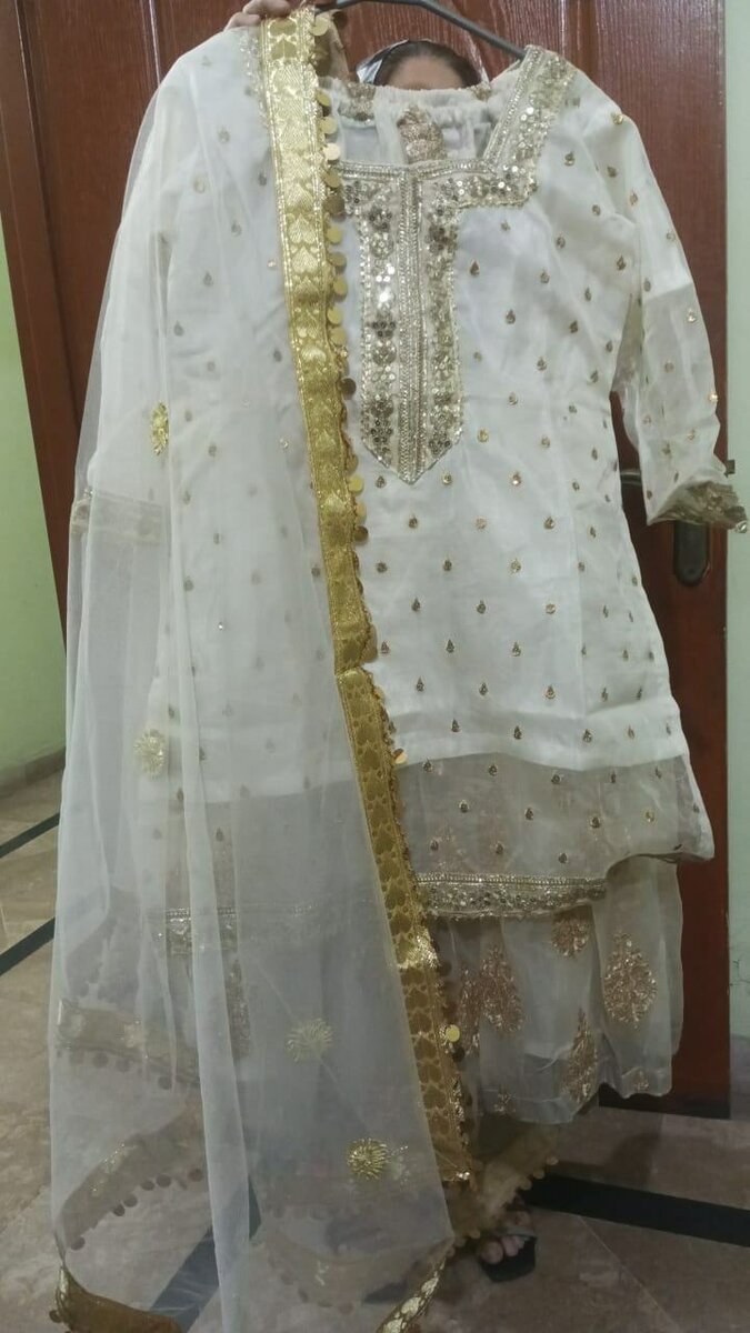 White and golden gharara 3 piece