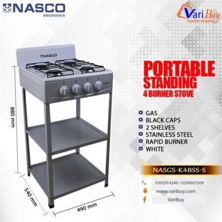 Nasco 4 Burner Gas Stove |White, Black Caps [NASGS-K4BSS-S]