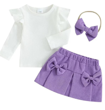 3-piece set, white long sleeve T-shirt, purple skirt and hair tie, size 12-24 months