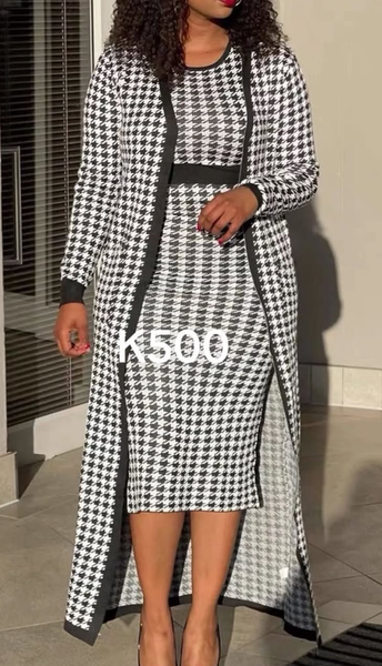 Women's set with a black and white checkered dress and cardigan.