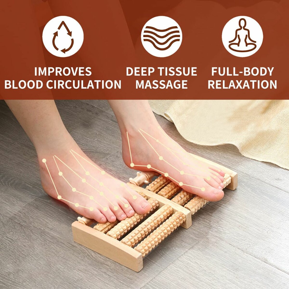 Traditional Wooden 12 Roller Foot Massager, Acupressure Roller Wood Foot Massager Stress Reliever 12 Rollers