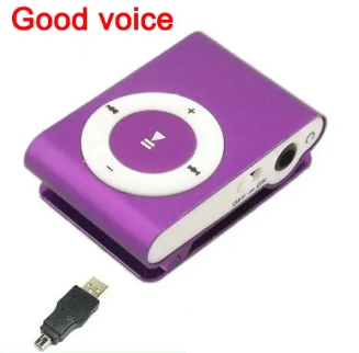 MP3 player with clip, purple, with USB cable