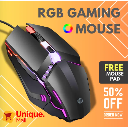 RGB 7 Lights Breathing RGB Mouse Cheap + FREE Mouse Pad - HP Gaming Mouse with 7 led - USB Wired Optical Moue for PC, Laptop, Minecraft Mobile Pubg, Free Fire - Unique Mall