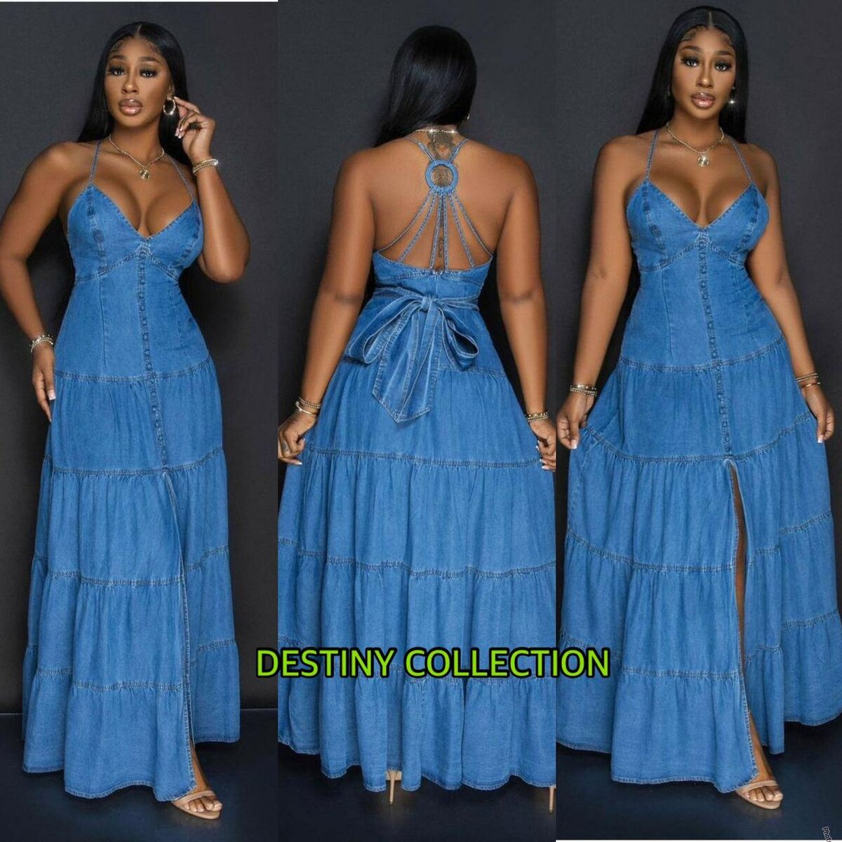 Robe jean longue dos croisé