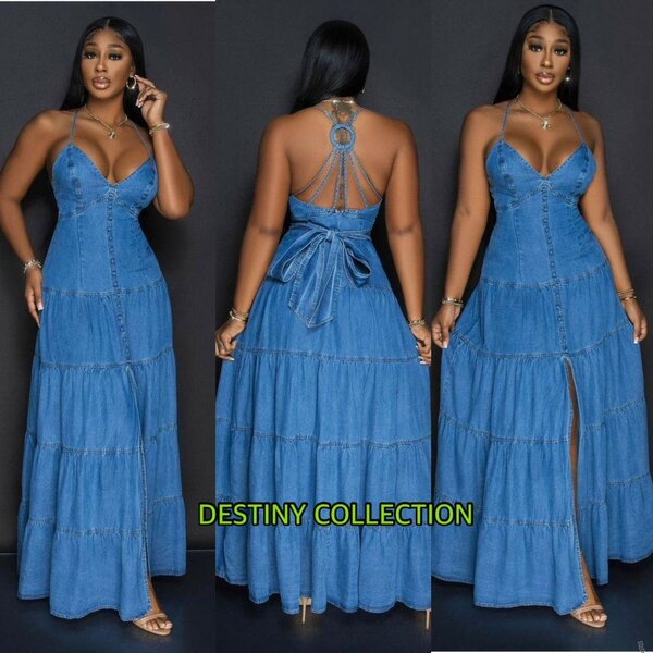 Robe jean longue dos croisé