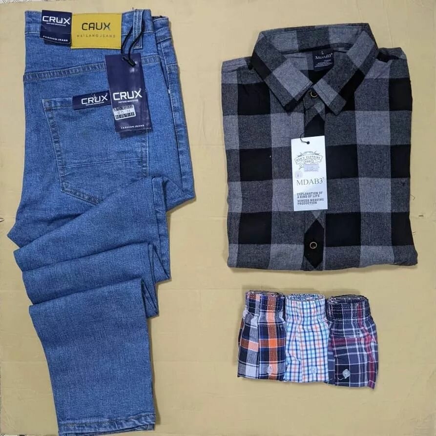 Men's set:jeans, plaid shirt and underpants(3 pcs)