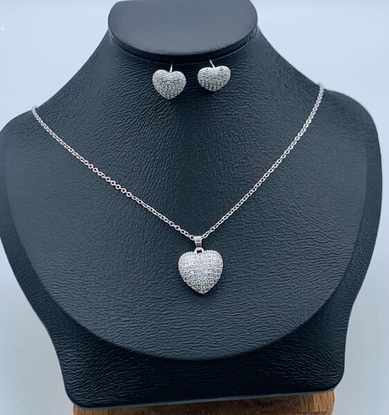 Silver heart necklace and earrings