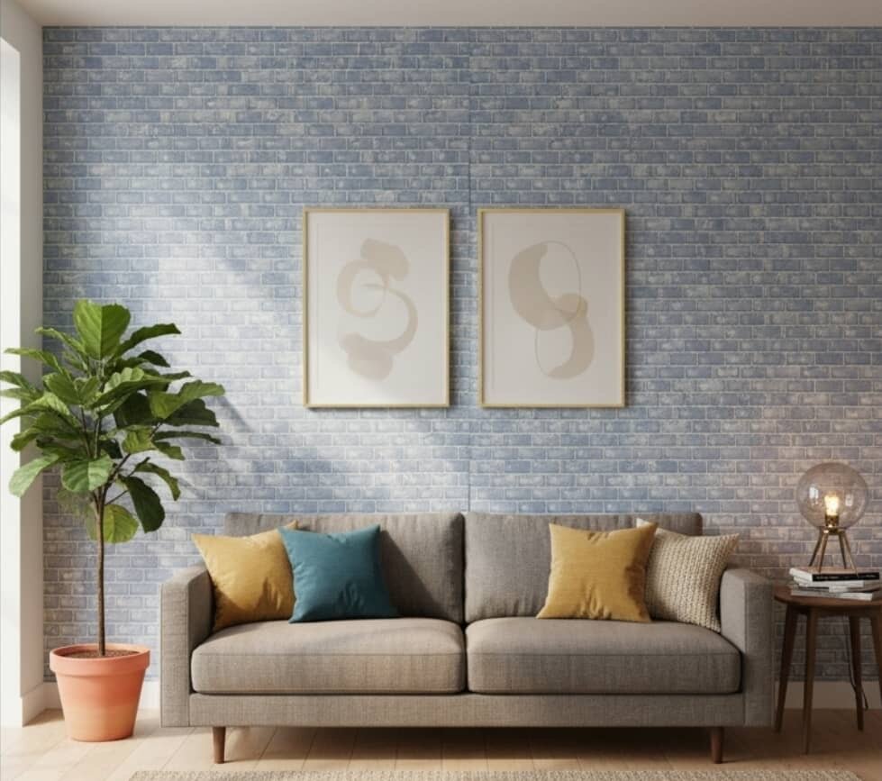 Papier Peint Effet Brique Bleu