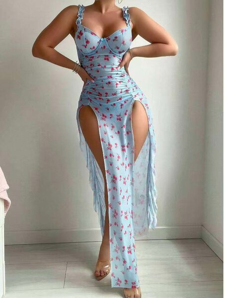 Robe longue fendue florale