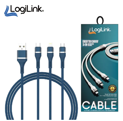 Logilink 3in1 Usb To Micro/type C/iphone Nylon Data Cable 6a Fast Charging 1m 1 Year Warranty Blue