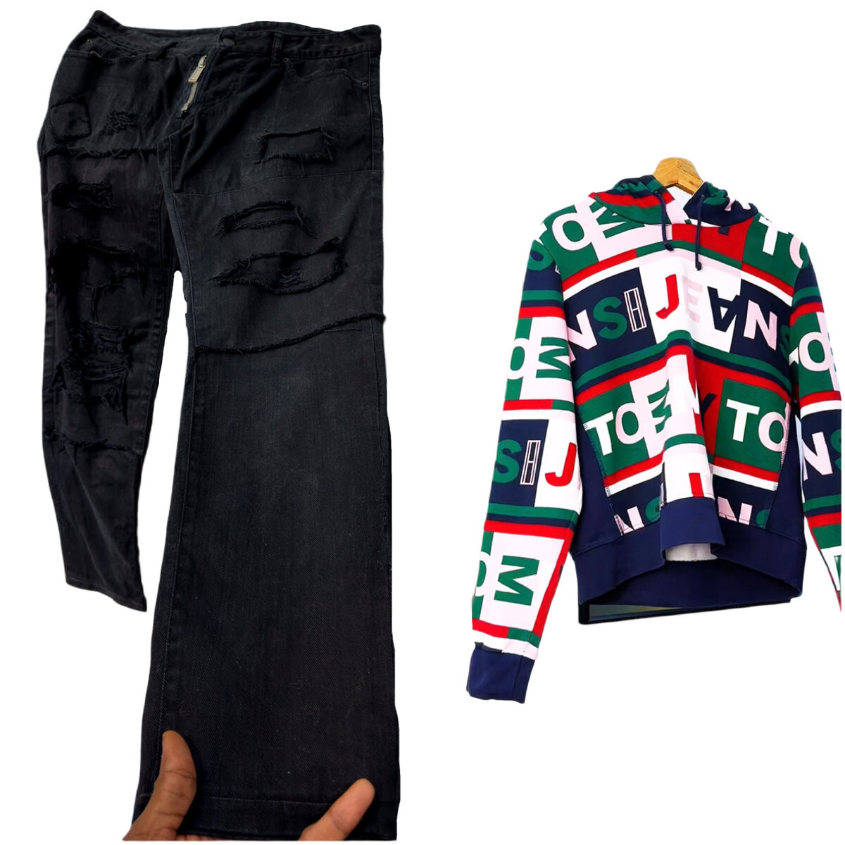 Jean déchiré et sweat coloré