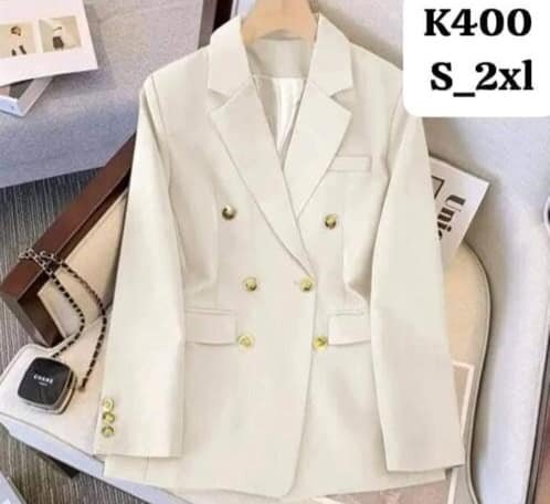 Women's double breasted blazer with stand-up collar, white