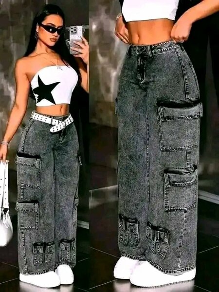 Jean cargo taille haute mode