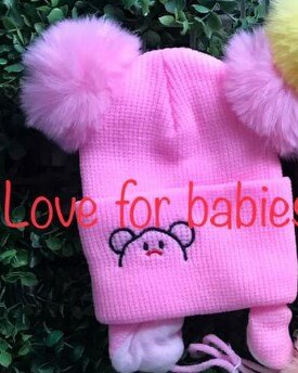 Hat with 2 pompoms and ties, hot pink