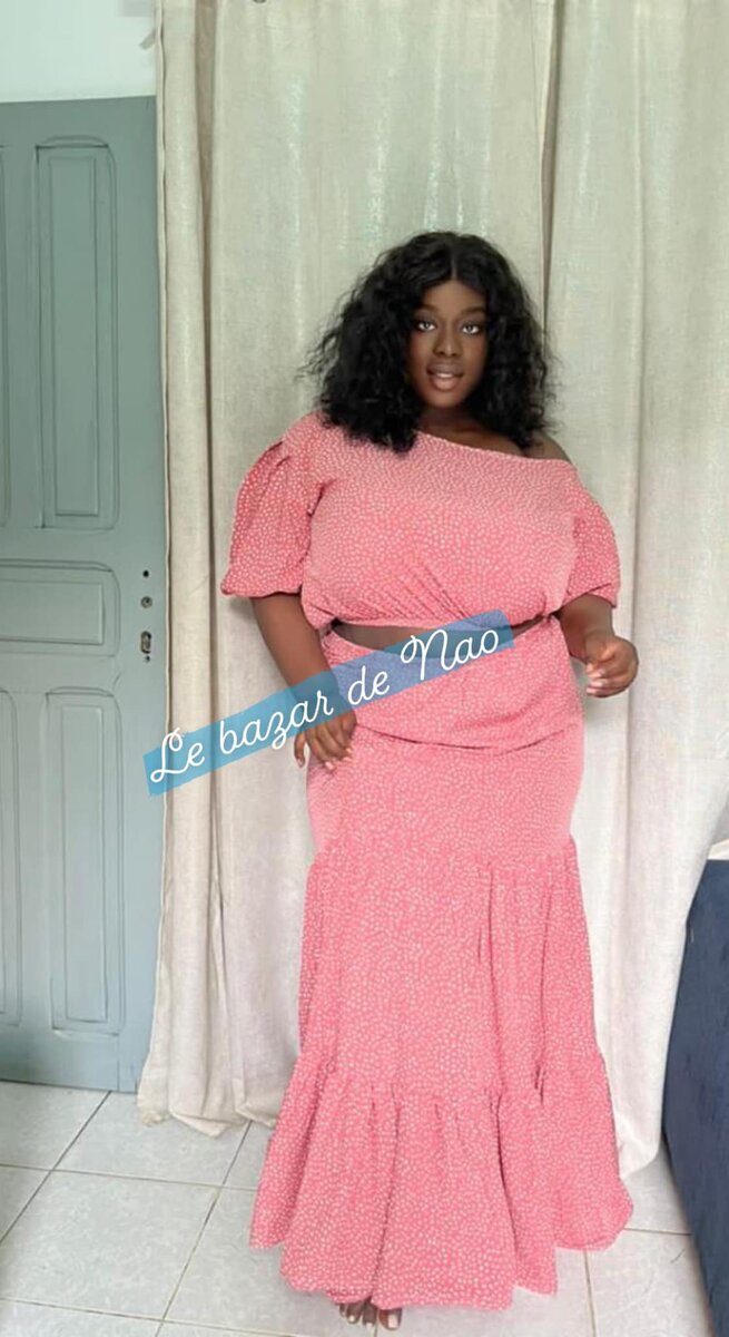 Ensemble femme, jupe longue et haut imprimé floral rose