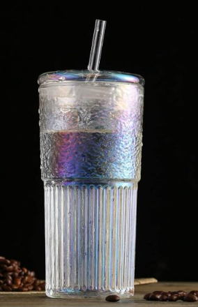 Borosilicate All Glass Iridescent Tumbler with Silicone Ring Seal Lid and Straw 