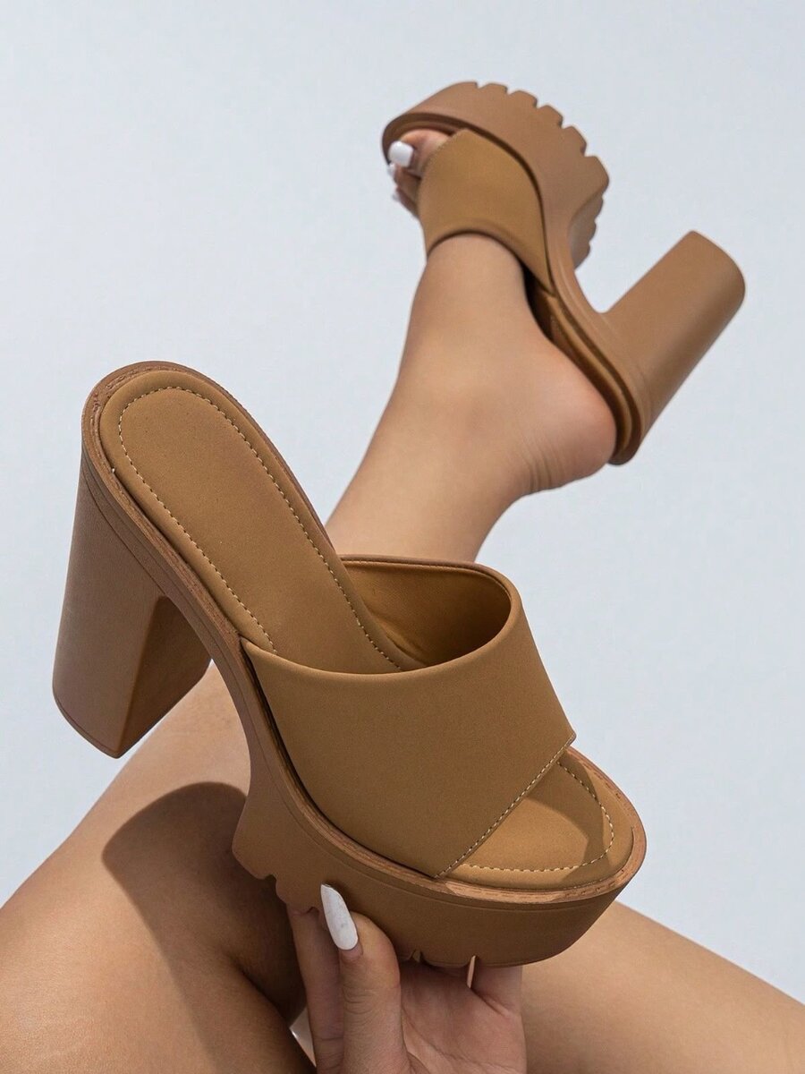 Womans khaki wedge sandals peep toe mules
