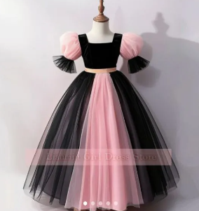 Pink And Black Tulle Hand Made Flower Girl Dresses Brithday Party Princess ( Fabric Net And Velvet)