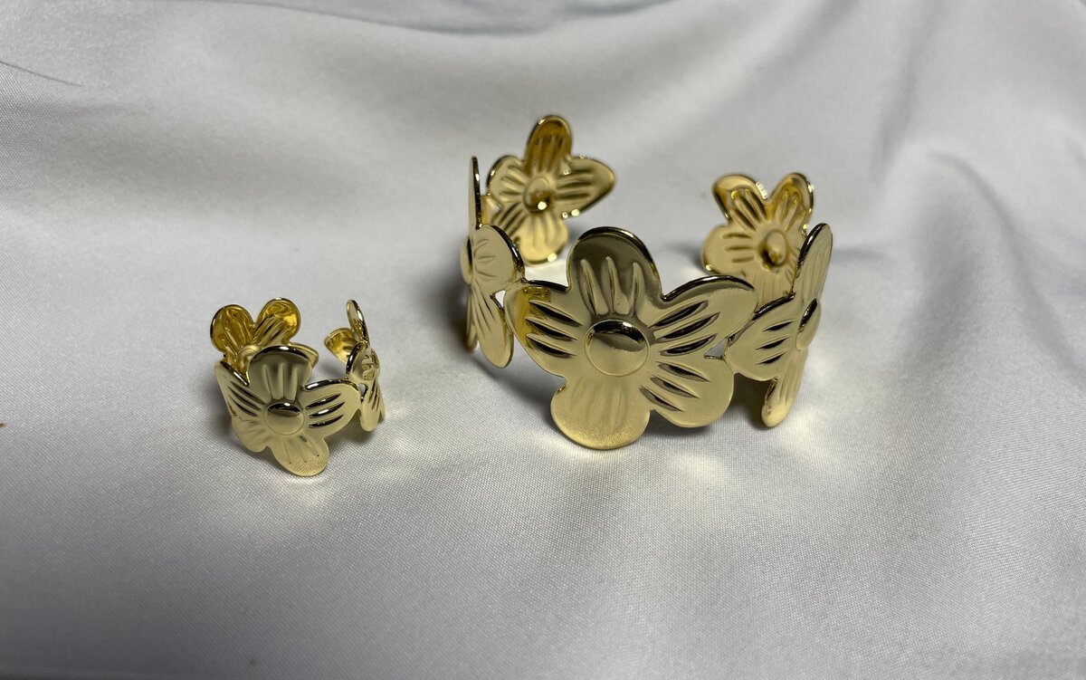 Set bracelet et bague fleur dorée