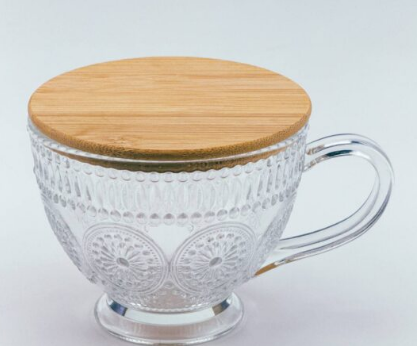 Vintage Embossed Glass Tea Cup with Bamboo Lid 