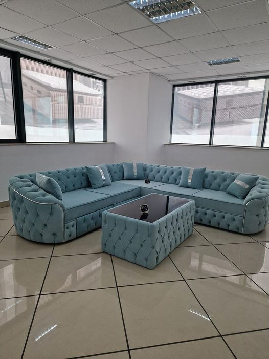blue l-shaped sofa