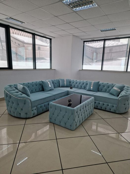 blue l-shaped sofa