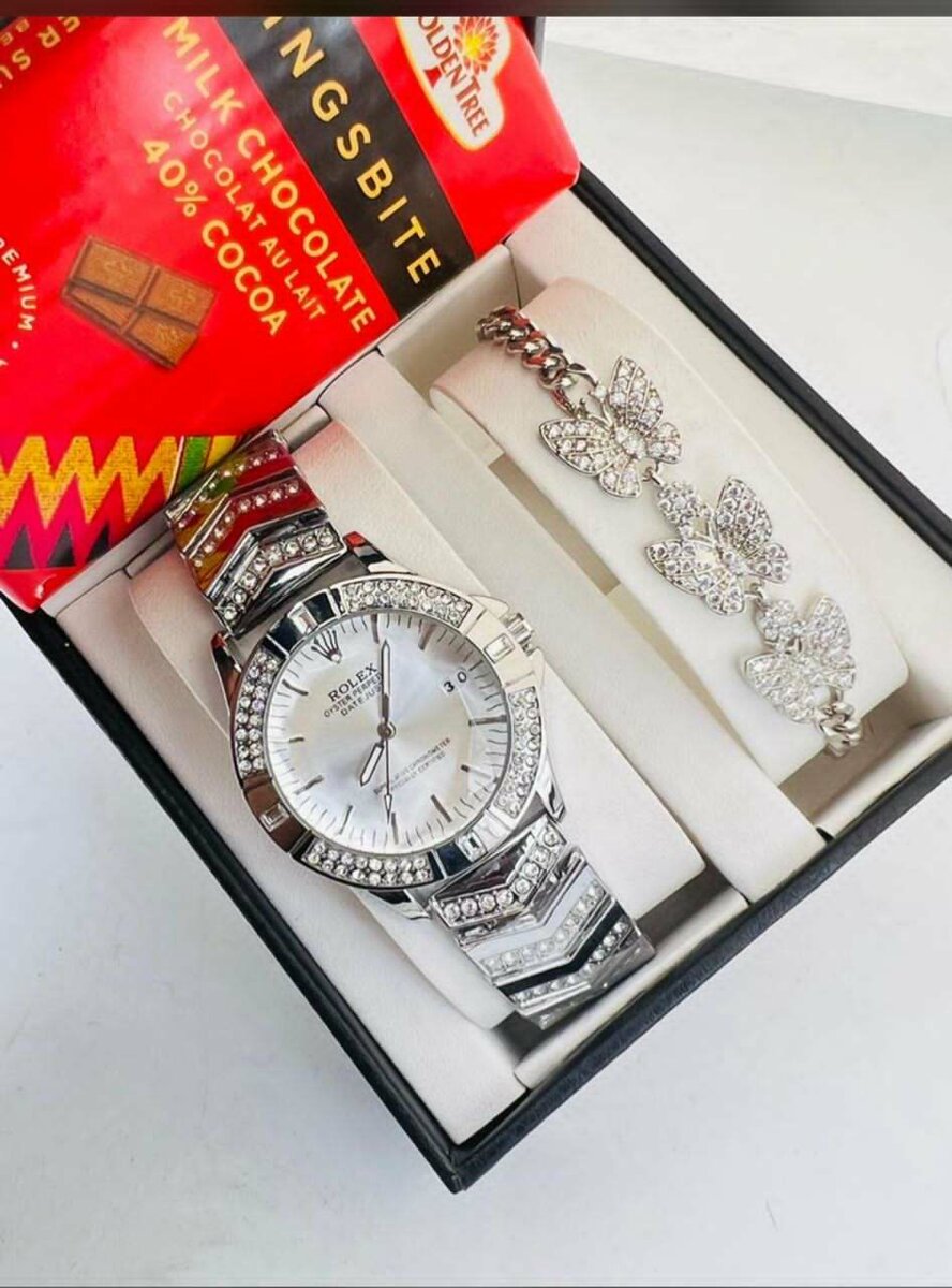 Women's Authentic Silver Watch and Bracelet + Chocolate