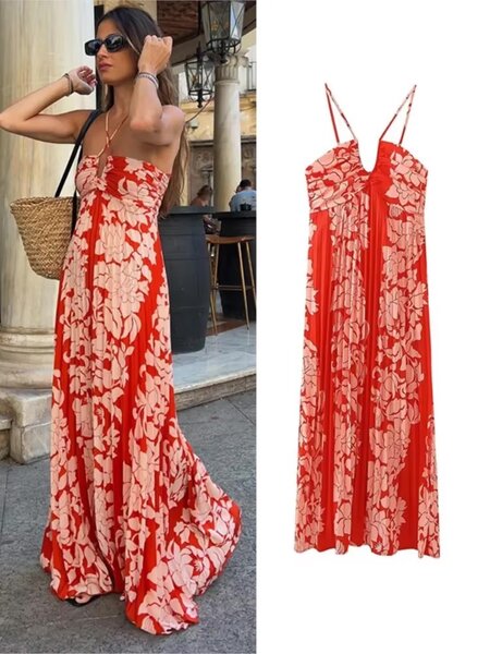 Print pleat halter bandage maxi dress