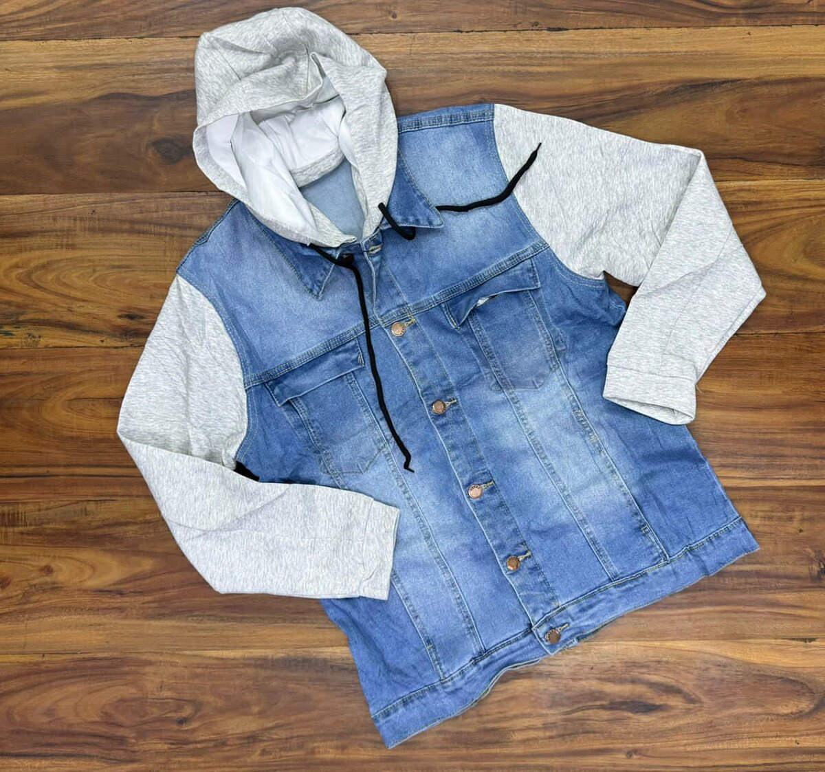 blue denim jacket with white sleeves