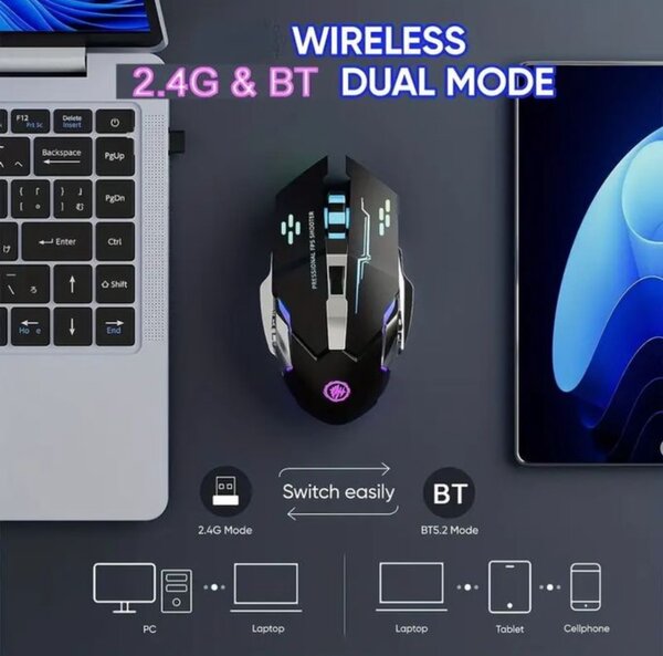 Souris gamer RGB sans fil 2.4G Rechargeable 5.2 silencieuse